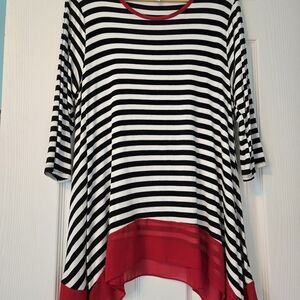 Faith and Joy Striped Tunic with Bold Red Accent